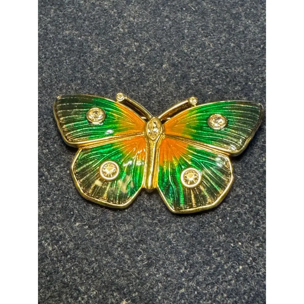 Swaroski Green Blue Yeall Enamel Butterfly Brooch Rhinestone Accents